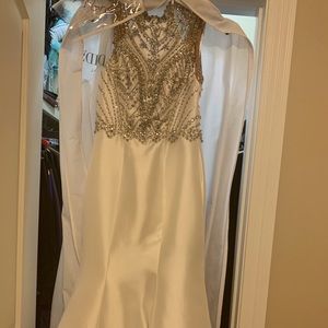 Rachel Allan white satin rhinestone dress